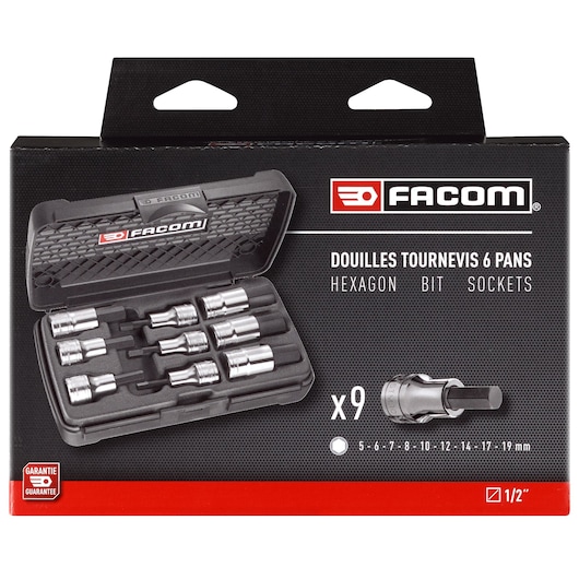 Facom STM.J9APB hexagon bit sockets set, 9 pieces in black case, front view on white background.