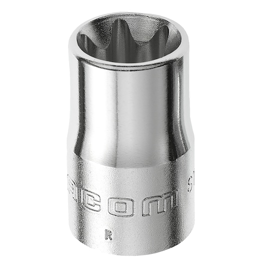 Facom STX_20 chrome finish socket, photography, front angle, six-point design, engraved branding.