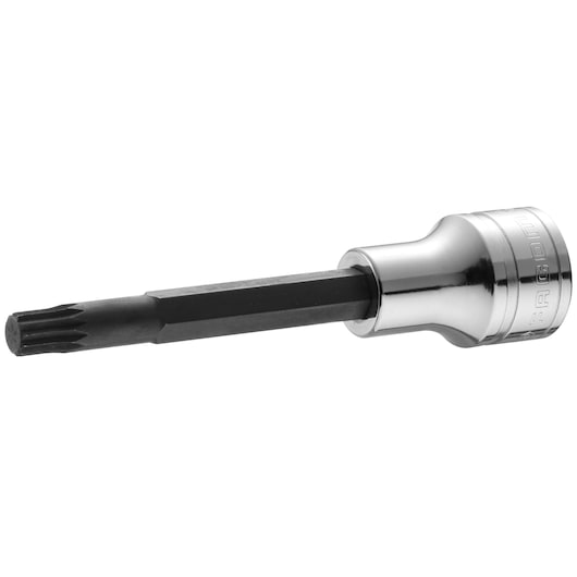Facom SV_12LB socket bit with black Torx shaft and chrome finish, side angle on white background.