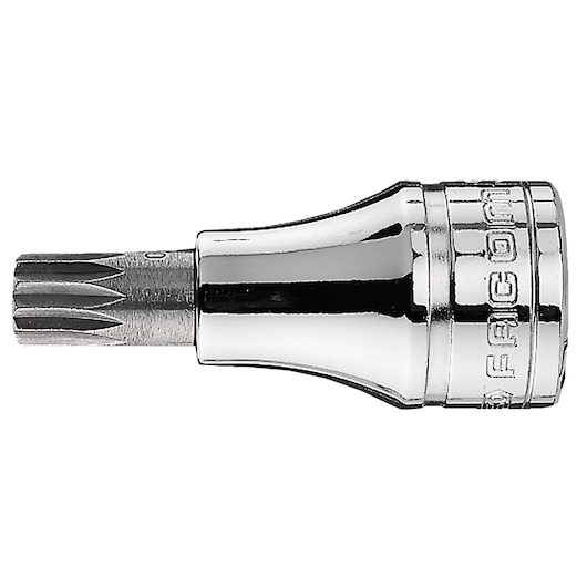 Facom SV_16B chrome socket bit with star tip, side view, on white background.