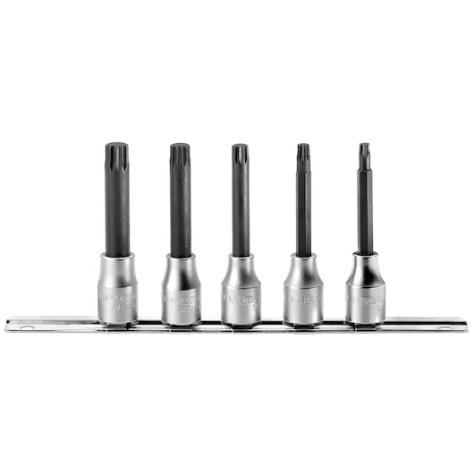 Facom SV_J5 set of five silver and black spline bit sockets on rail, front angle, photography.