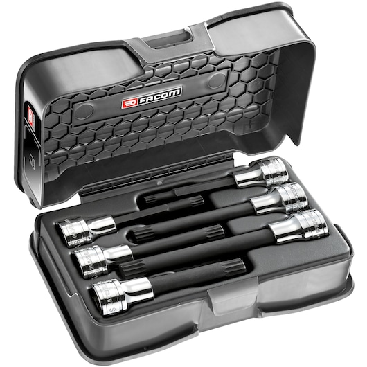 Facom SV_LJ6B socket extension set in black hexagonal-pattern case, top angle.
