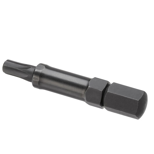 Facom SXE_5GRPFOR screwdriver bit, black metal, hex shank, shown on white background, side angle.