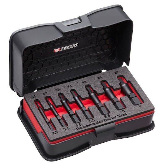 Facom SXE_J7MGRPPB extractor set with seven black metal pieces in a black and red hard case, photography angled view.