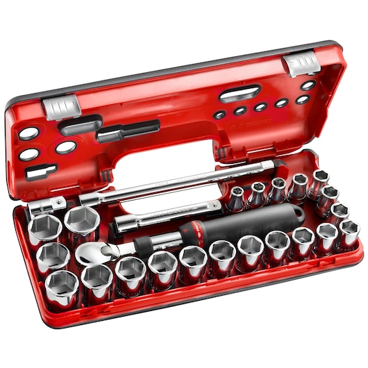 Facom SXL_DBOX2 socket and ratchet set in red hard case, shown from top angle, assorted sizes visible.