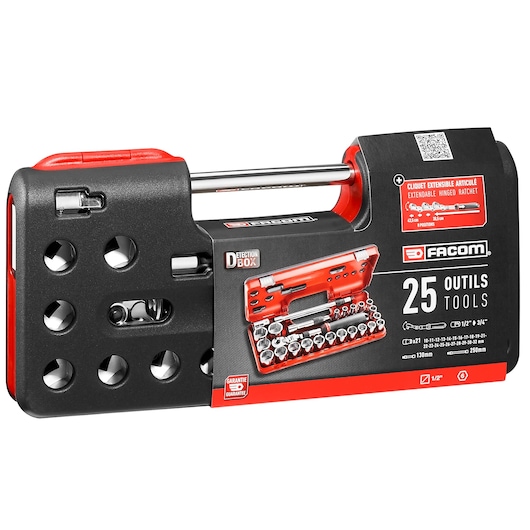 Facom SXL_DBOX3PB socket set with 25 tools in a black and red hard case, front angle on white background.