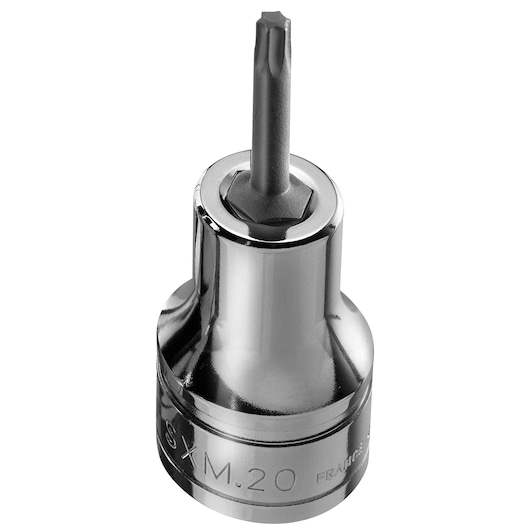 Facom SXM_45 chrome Torx socket bit, product photography, angled view, silver finish.