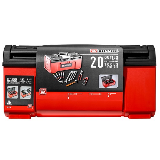 Photo of Facom TBX1M_PB red and black polypropylene toolbox with 20 tools, front angle on white background.