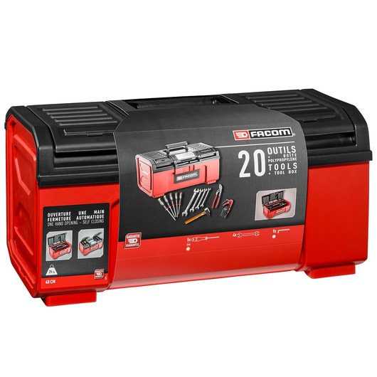 Photo of Facom red and black tool box TBX1M_PB with 20 tools, automatic self-closing lid, front angle on white background.