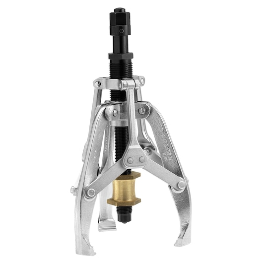 Facom U_20 three-jaw gear puller with metallic finish, central screw and brass ring, front angle, on white background.