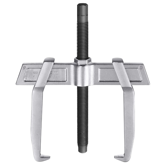 Facom U_232-210 two-jaw gear puller with silver arms and black threaded spindle, front view on white background.