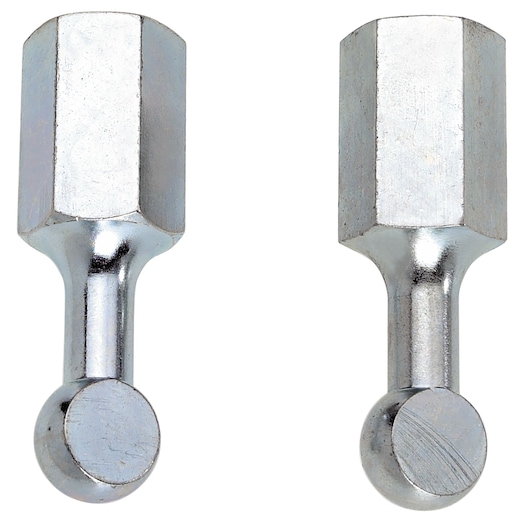 Facom U_23D12 photography of two silver hex ball-end metal tool adapters, front angle, white background.