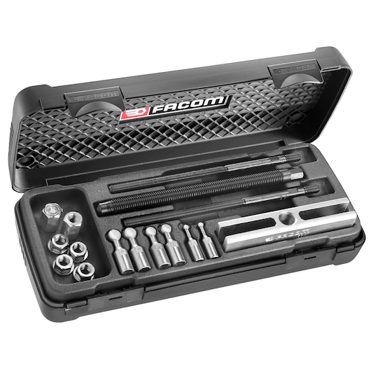 Facom U_23J2 puller set in black hard case, showing tools and attachments at angled view.