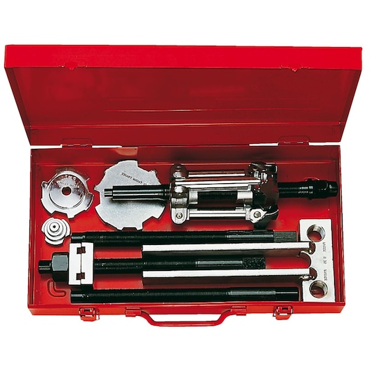 Facom U_28J1 bearing puller set in red metal case, top view, showing multiple components and tools.