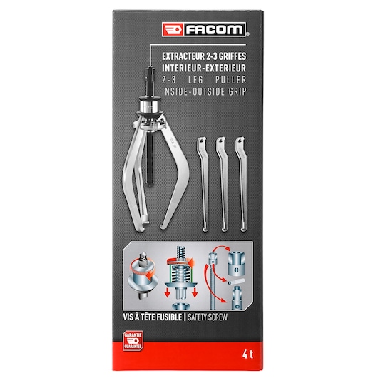 Photo of Facom U306-180PB 2-3 leg puller tool set packaging, showing the tool, extra arms, technical diagrams, front angle.