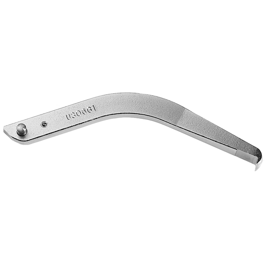 Photo of Facom U.306G1 silver hook spanner, curved metal tool, side view, on white background.