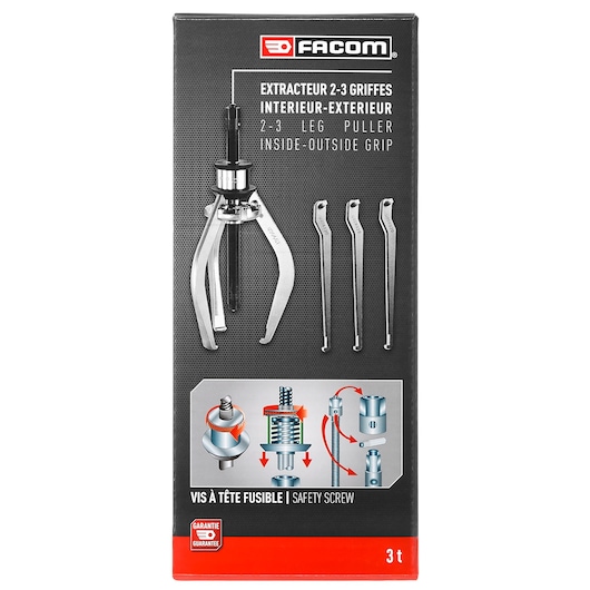 Photo of Facom U306PB 2-3 leg puller set box, black packaging with product image and safety screw illustrations, front angle.