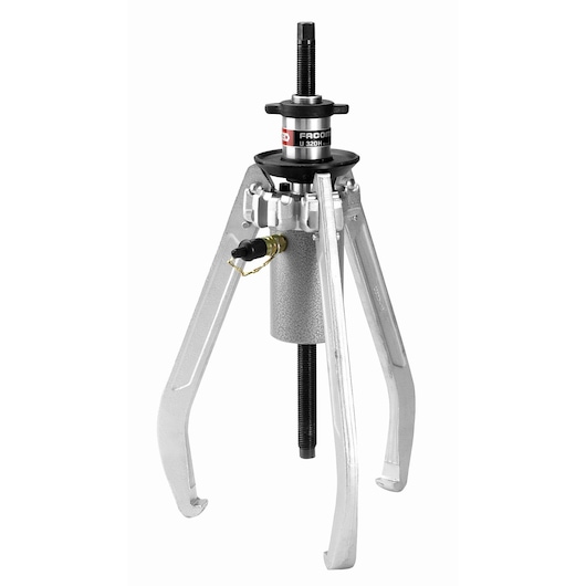 Photo of Facom U_320H three-jaw hydraulic puller, silver and black, front angle, on white background.