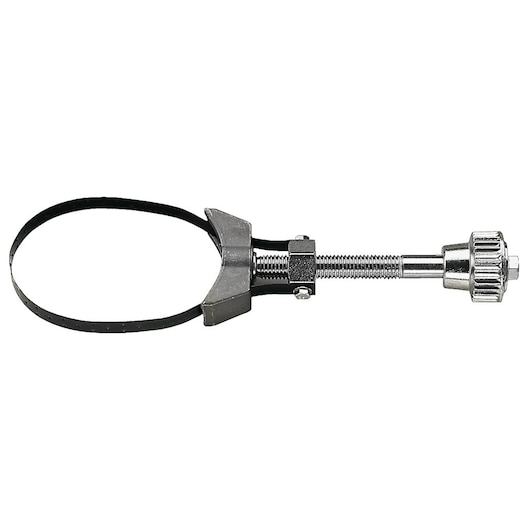 Photo of Facom U_46PL adjustable metal oil filter wrench with black strap, side angle on white background.