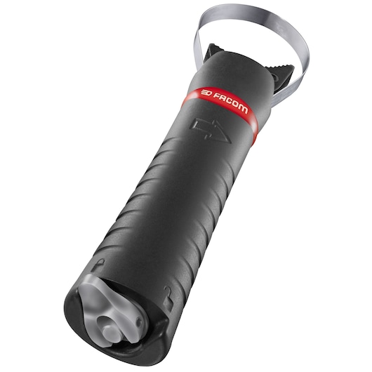 Facom U.48PB black oil filter wrench with red band, metal strap, and ergonomic handle, oblique angle on white.