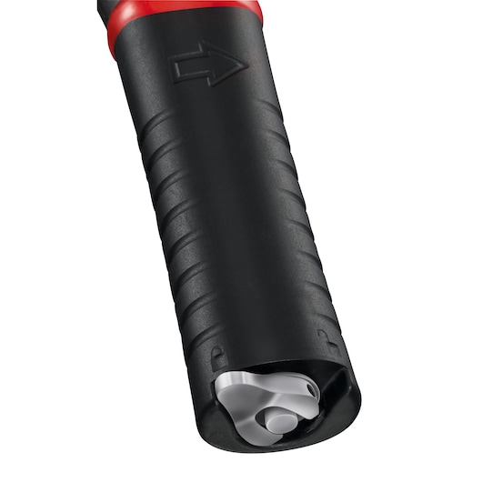 Facom U.48PB tool handle close-up, black grip with red accent and arrow detail, showing internal ratchet mechanism.