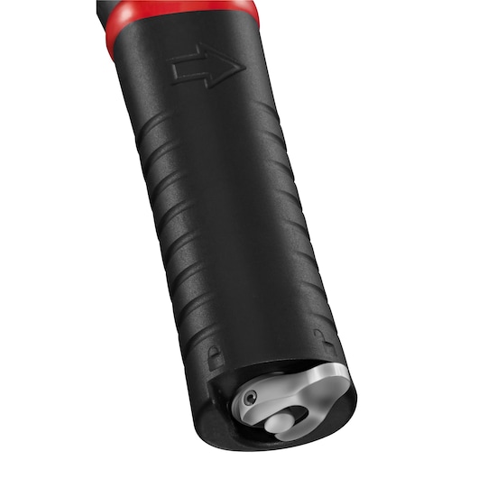 Facom U_48 black and red ergonomic handle close-up, arrow design, part of a hand tool, white background.