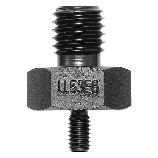 Facom U_53E10 metal adapter with hexagonal body and threaded ends, front angle, photography.