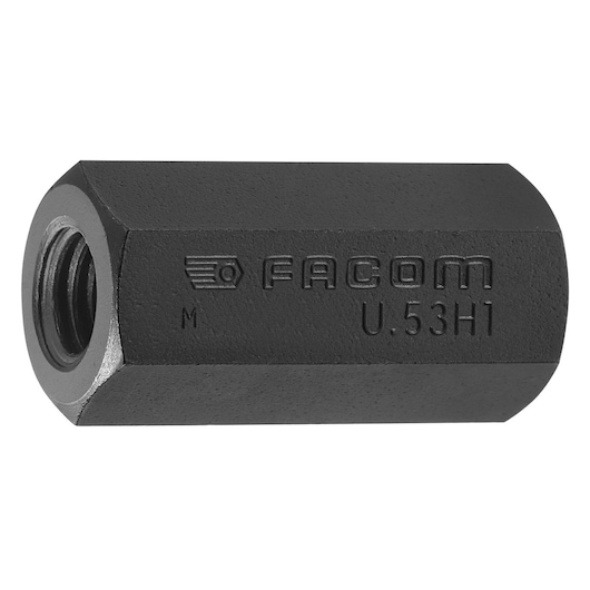 Photo of Facom U_53H1 hex coupling nut, black, side angle, Facom logo and SKU engraved.