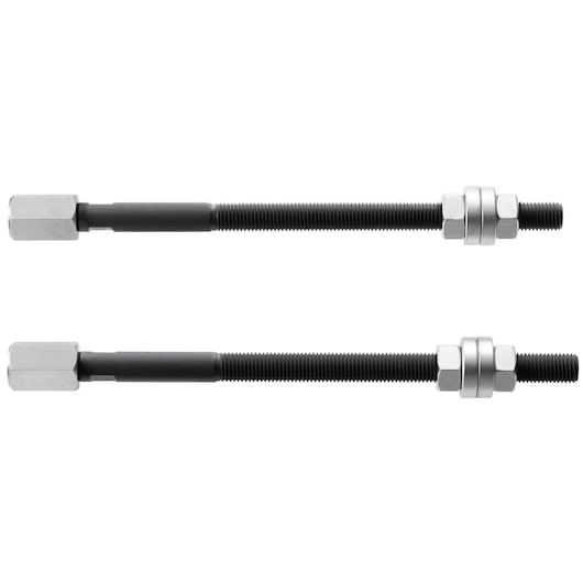 Facom U_53R3L pair of threaded rods with hex nuts and washers, photography, top view, white background.