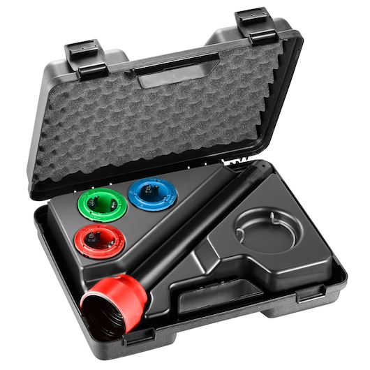 Facom U_7-3T radiator pressure test kit with colored adapters in a black hard case, angled view.