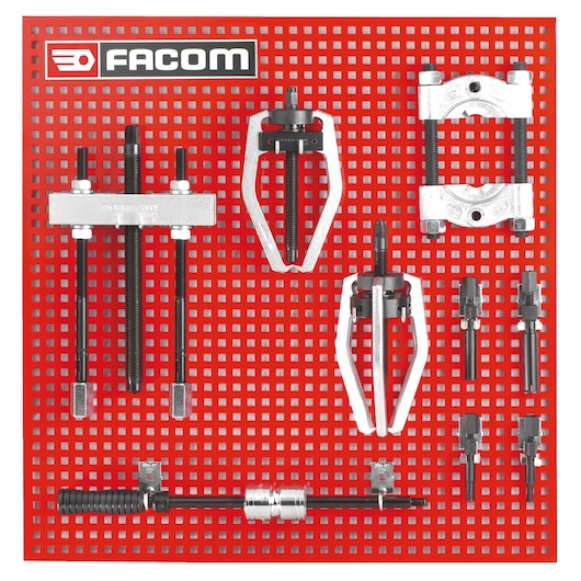 Facom puller and extractor tool set displayed on red perforated board, SKU U_JA1, front angle.