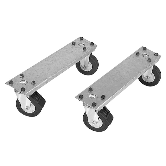 Facom U50020061 set of two rectangular metal dollies with four swivel caster wheels each, white background.