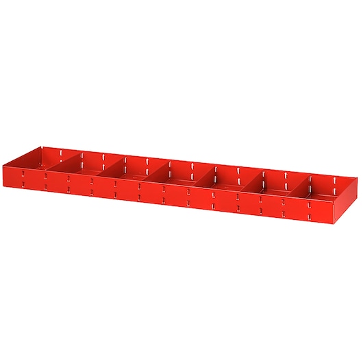 Facom U50030025 red metal organizer tray with ten sections, photography, angled on white background.