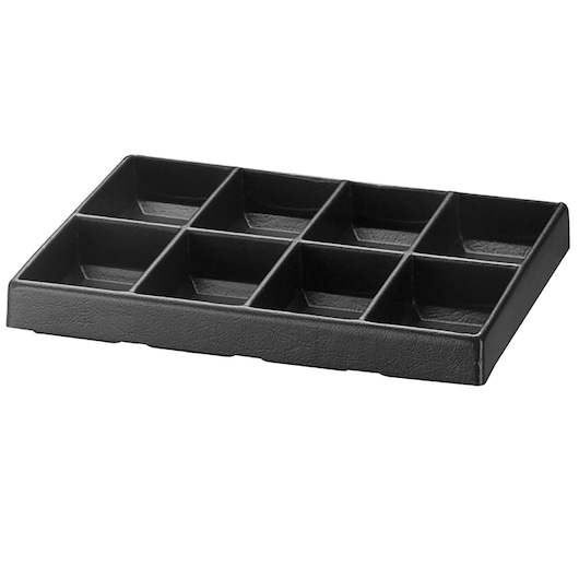 Facom U50030026Q black plastic compartment tray with eight sections, angled view on white background.
