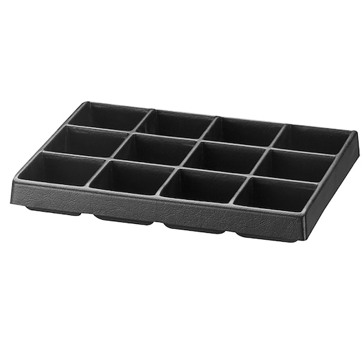 Facom U50030029Q black plastic organizer tray with twelve compartments, angled product photo on white background.