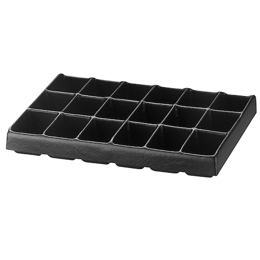 Facom U50030038Q black plastic tray with 16 square compartments, top angle product photo.