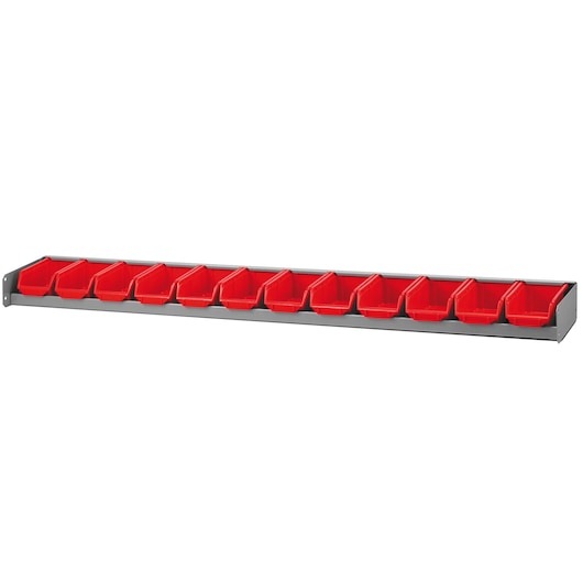 Facom U50030068 wall-mounted organizer rack with 12 red storage bins, side angle on white background.