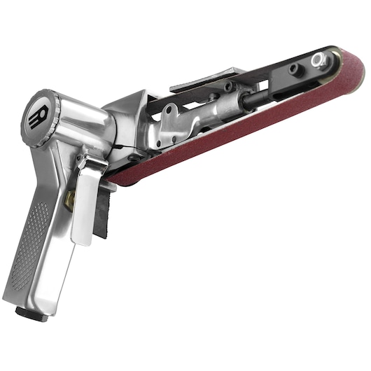 Facom V.403A1 handheld belt sander with metallic body and maroon sanding belt, side angle.
