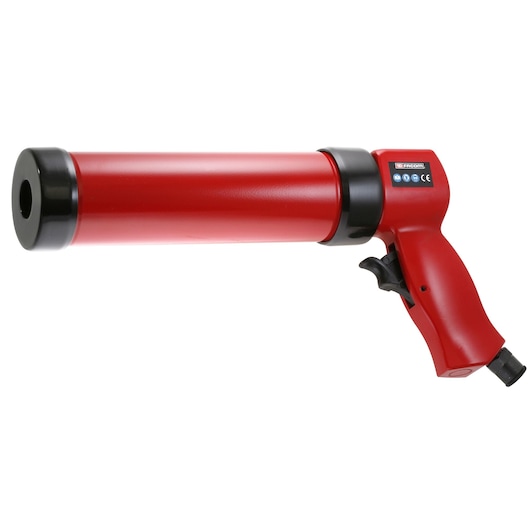 Photo of Facom V_801F red caulking gun, side angle, with black nozzle and trigger, on white background.