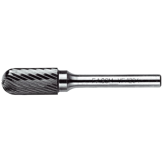 A close-up image of a cylindrical rotary burr tool with a rounded end and spiral cutting edges, used for shaping and finishing metal surfaces. The tool is metallic and marked with the brand Facom and the model number.