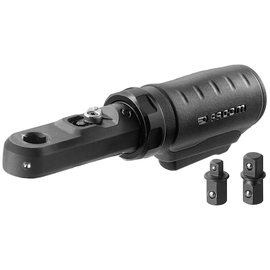 Facom VR_RJ2500PB ratchet handle and two adapters, black, side angle, on white background.