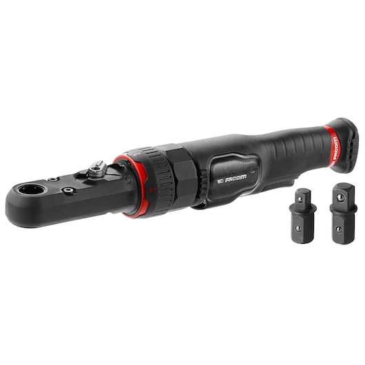 Facom VR_SJ3500PB black cordless ratchet wrench with two socket adapters, side angle on white background.