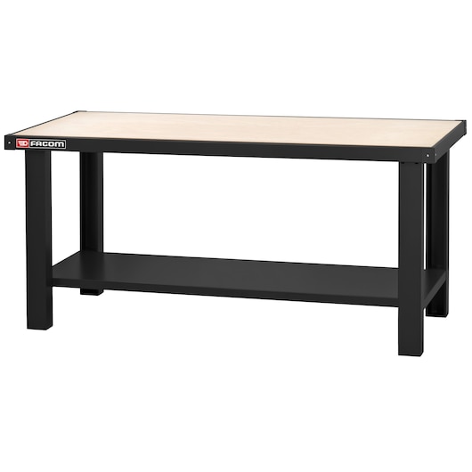 Photo of Facom WB_2000WA workbench, black frame with light wood top and lower storage shelf, front angle, white background.