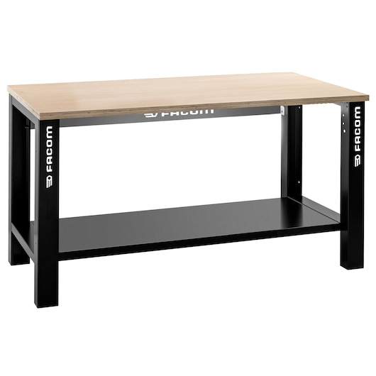 Facom WB2.1500W workbench with light wood top, black metal frame, lower shelf, front angle on white background.