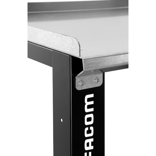 Facom WB2.2000GS workbench corner with metal top, black frame, and Facom logo, front angle photo.