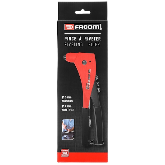 Photo of Facom Y_103CPB red and black riveting plier in packaging, front view with product details visible.