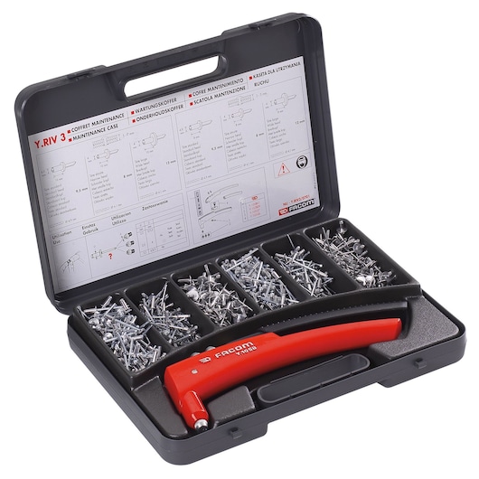 Facom Y_RIV3 maintenance case with red rivet tool and assorted rivets, product photography, angled view.